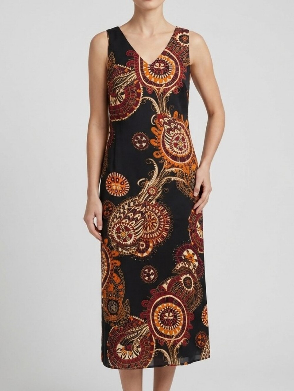 Rena Rowan Petite 100% Silk Shift Dress 8P Black Psychedelic Medallion Paisley
